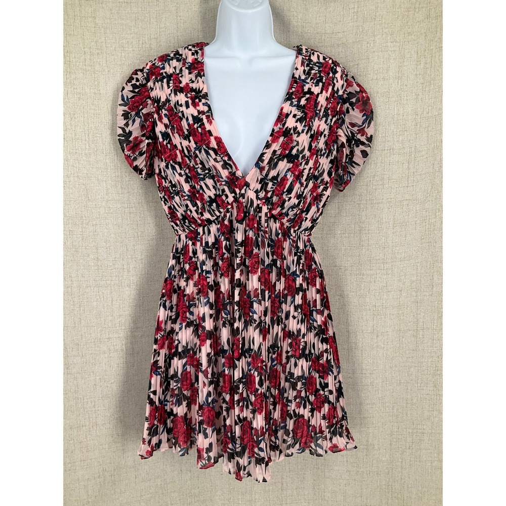 Women Mini Dress‎ S Pink Red Babydoll Floral Pleated Puff Sleeve Wedding Guest